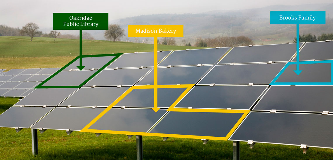 A community row of solar panels is used for small businesses and families.