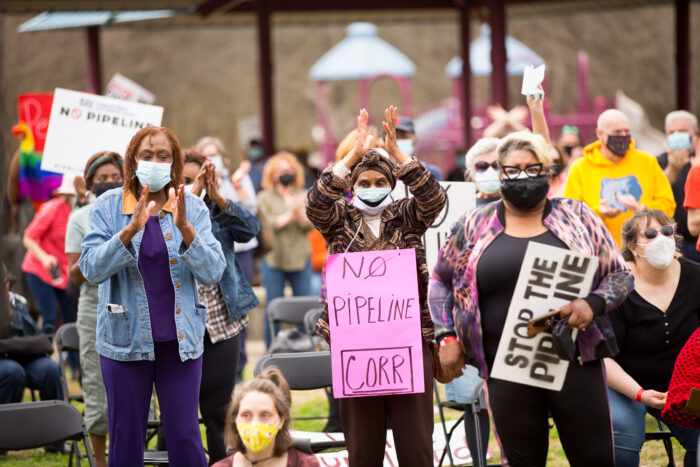 A crowd of people protest against the Byhalia Pipeline in Memphis. 