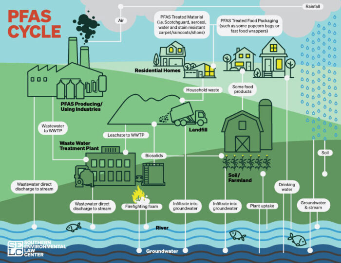 A diagram illustrates the PFAS cycle from factories to air and water sources that end up in food and drinking water sources.