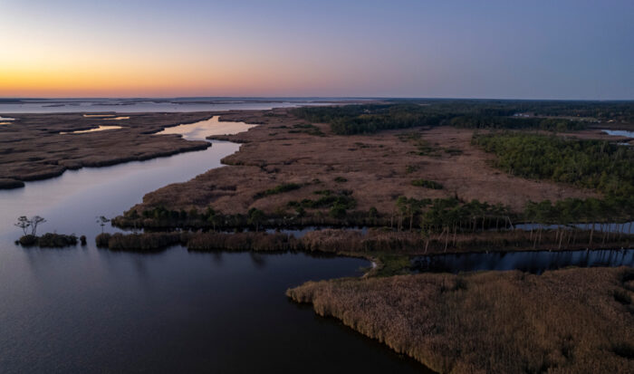 An aerial view of water and wetlands at sunset.