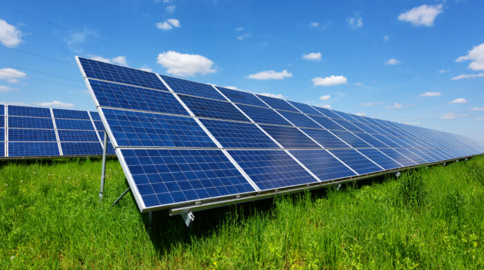 A solar panel array on fresh green grass.