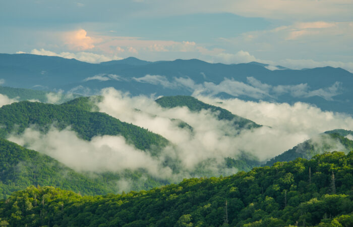Fog rolls over mountains in Great Smoky Mountains National Park.