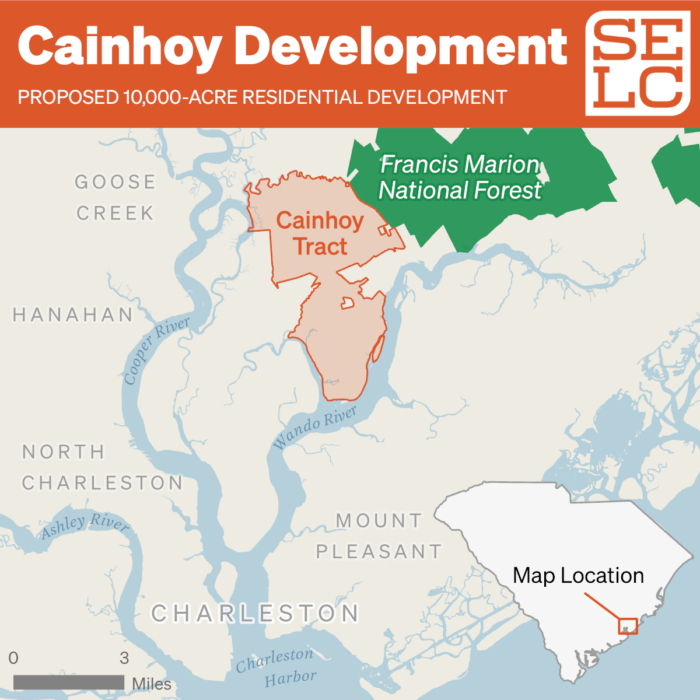 A map shows the Cainhoy parcel north of Charleston, South Carolina and next to Francis Marion National Forest. 