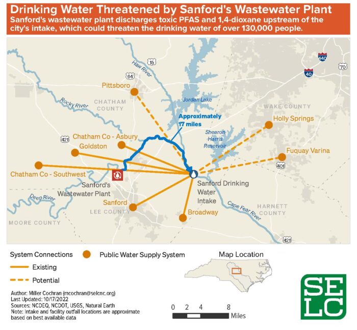 A map showing the drinking water threatened by the City of Sanford's wastewater discharges.