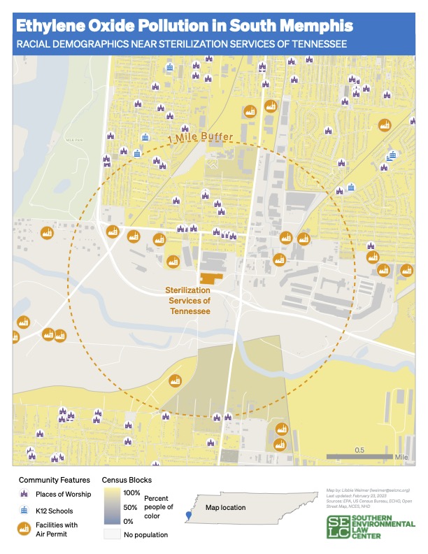 A map showing ethylene oxide pollution in South Memphis and the racial demographics near the polluting site.